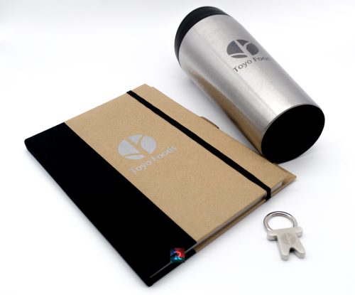 Artículos Promocionales - Libreta Ecológica, Vaso con grabado Láser y Llavero con Logo